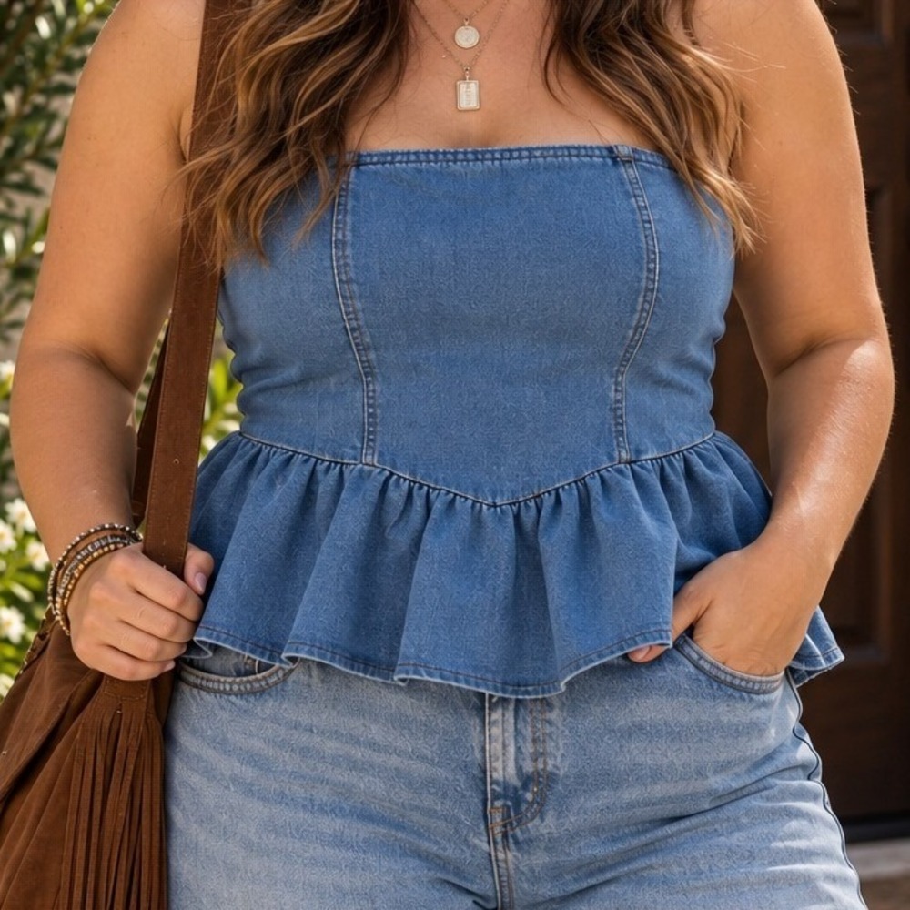Shein Curve Blue Denim Peplum Tube Top Strapless Smocked Back Plus 3XL